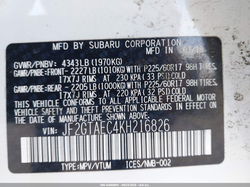 VIN JF2GTAEC4KH216826 2019 SUBARU CROSSTREK 2.0I PREMIUM