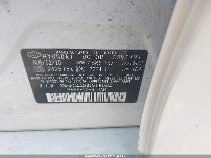 2013 Hyundai Sonata Hybrid Limited VIN: KMHEC4A40DA090364 Lot: 42569004