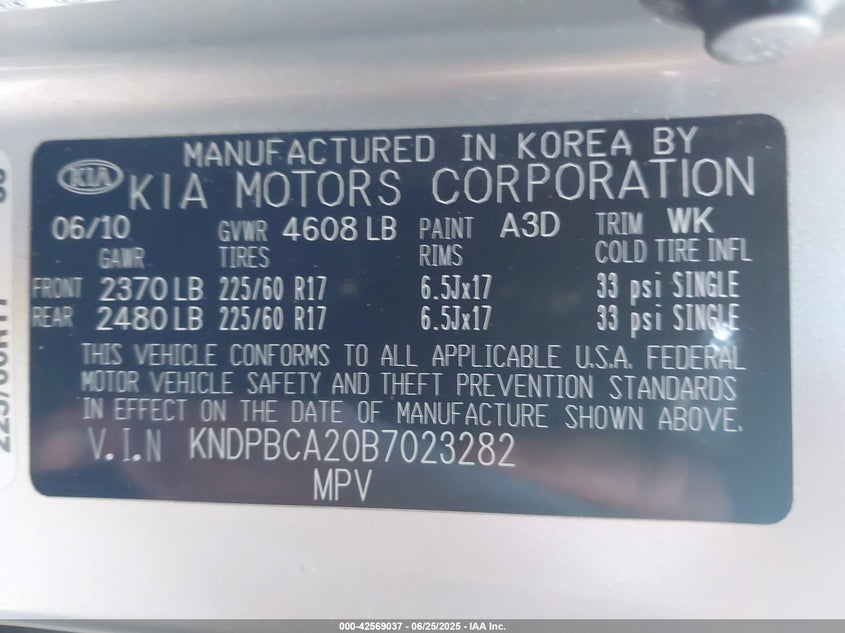 2011 KIA SPORTAGE VIN: KNDPBCA20B7023282