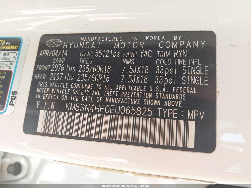 2014 HYUNDAI SANTA FE VIN: KM8SN4HF0EU065825