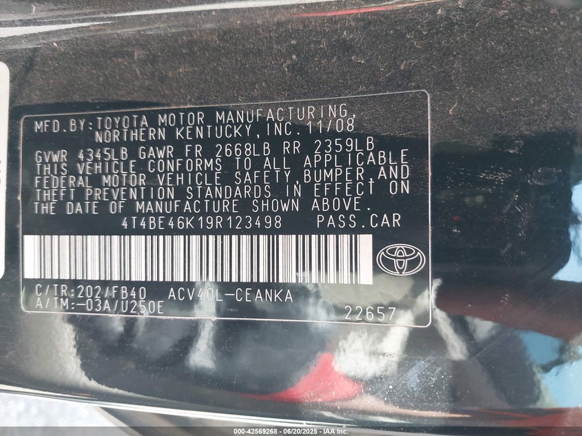 2009 TOYOTA CAMRY VIN: 4T4BE46K19R123498