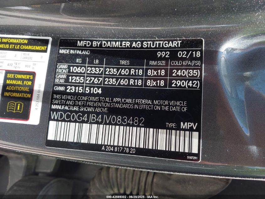 2018 Mercedes-Benz Glc 300 VIN: WDC0G4JB4JV083482 Lot: 42569302