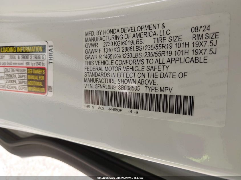 2025 Honda Odyssey - 5FNRL6H91SB008505