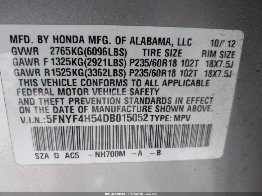 2013 Honda Pilot Ex-L VIN: 5FNYF4H54DB015052 Lot: 42569542