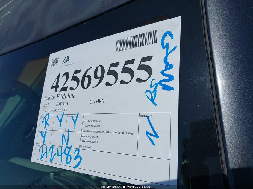 2007 TOYOTA CAMRY VIN: 4T1BE46K57U025873