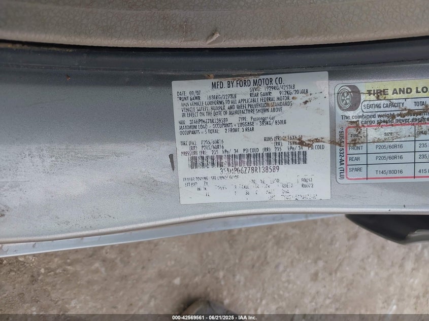 2008 FORD FUSION VIN: 3FAHP06Z78R138589