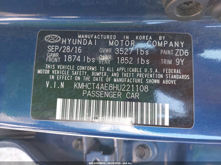 VIN KMHCT4AE8HU221108 2017 HYUNDAI ACCENT SE