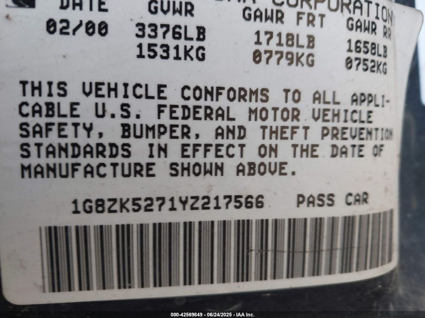 2000 Saturn Sl2 VIN: 1G8ZK5271YZ217566 Lot: 42569849