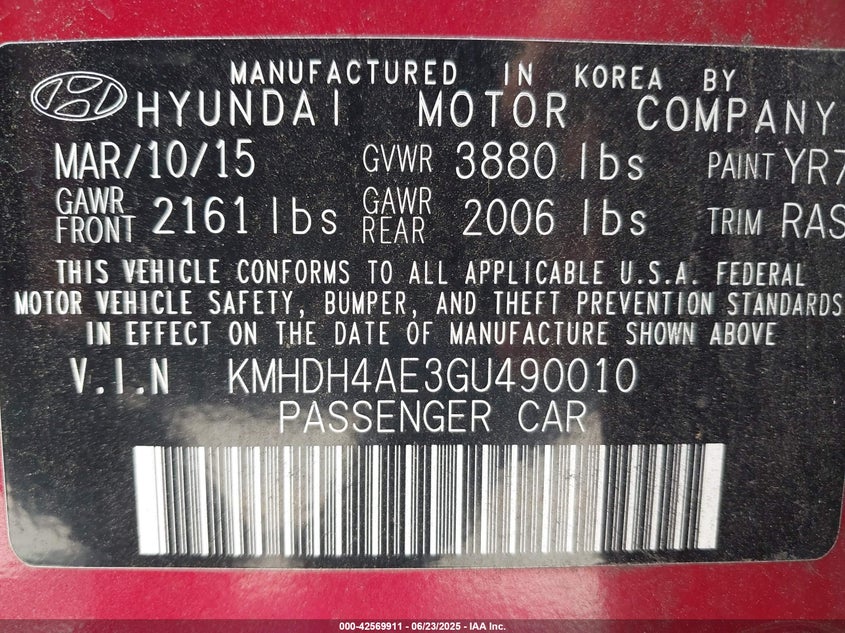 2016 HYUNDAI ELANTRA VIN: KMHDH4AE3GU490010
