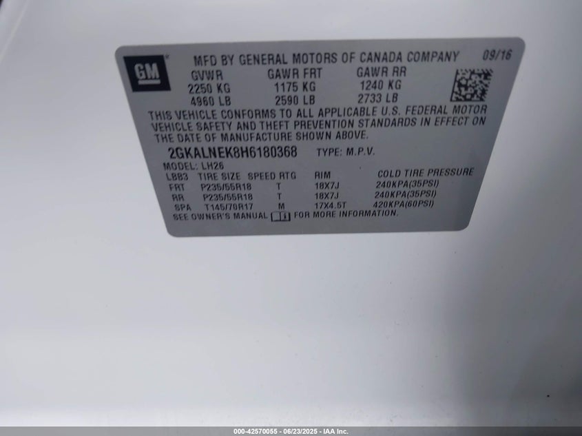 2017 GMC TERRAIN VIN: 2GKALNEK8H6180368