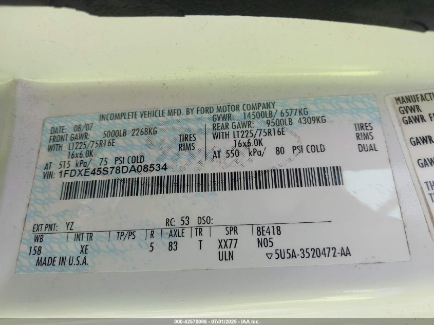 2008 Ford E-450 Cutaway VIN: 1FDXE45S78DA08534 Lot: 42570086