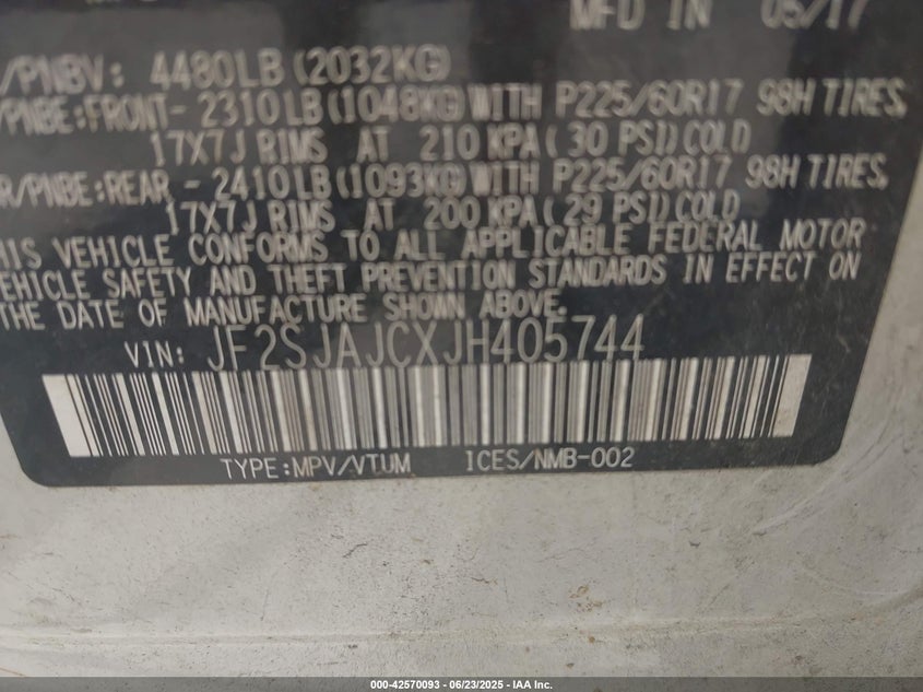 VIN JF2SJAJCXJH405744 2018 SUBARU FORESTER 2.5I LIMITED