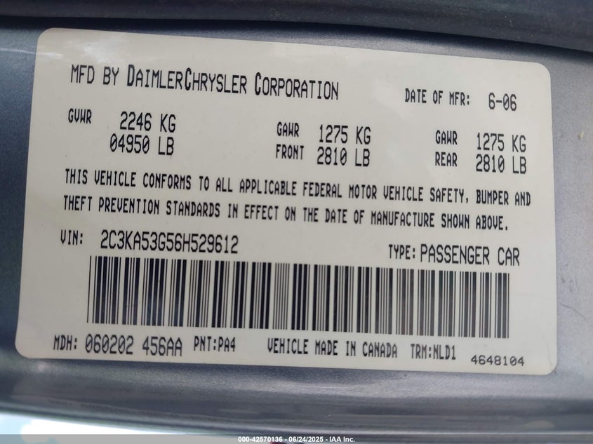 2006 CHRYSLER 300 VIN: 2C3KA53G56H529612