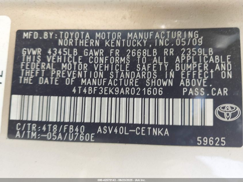 2010 Toyota Camry Le VIN: 4T4BF3EK9AR021606 Lot: 42570143