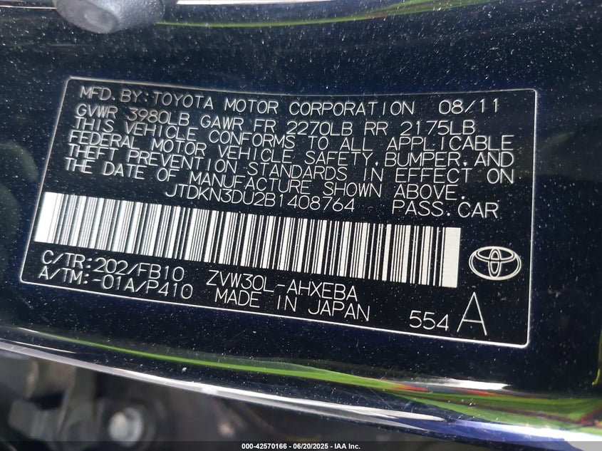 2011 TOYOTA PRIUS VIN: JTDKN3DU2B1408764