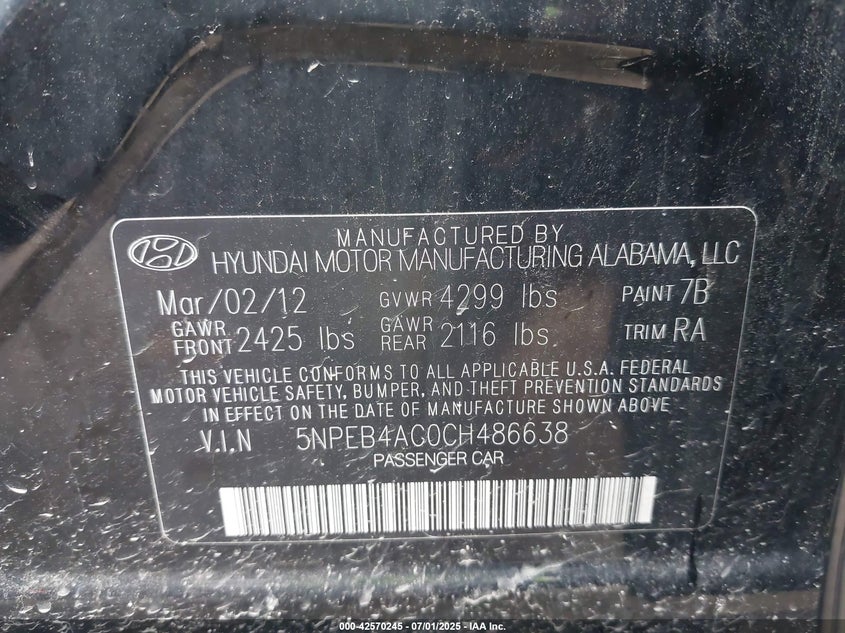 2012 HYUNDAI SONATA VIN: 5NPEB4AC0CH486638