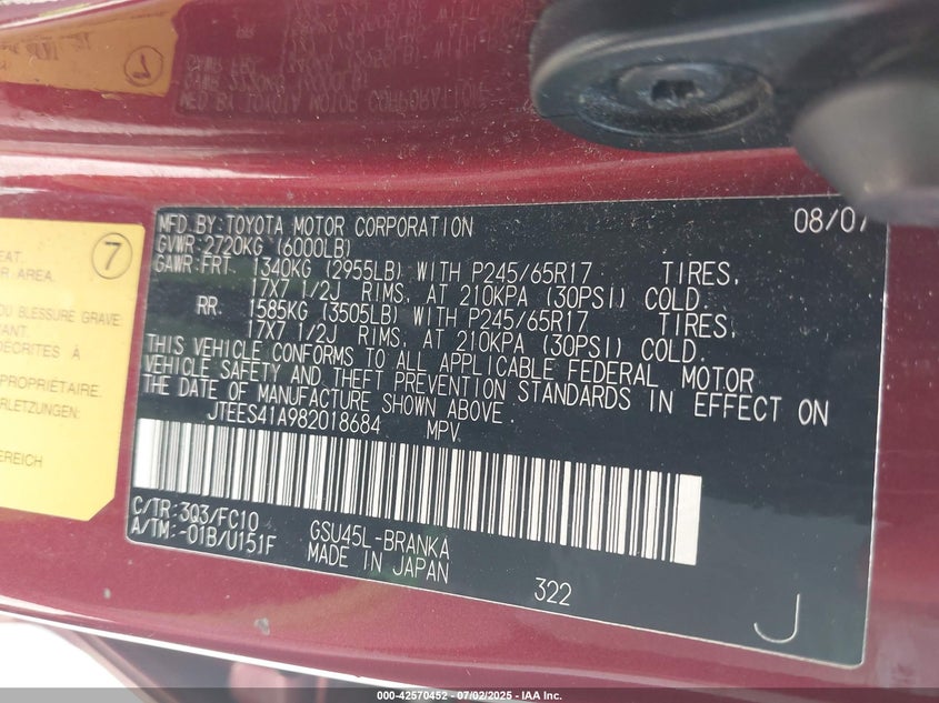 JTEES41A982018684 2008 TOYOTA HIGHLANDER photo no. 9