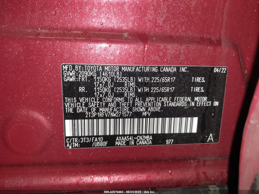 VIN 2T3P1RFV7NW271577 2022 TOYOTA RAV4 XLE