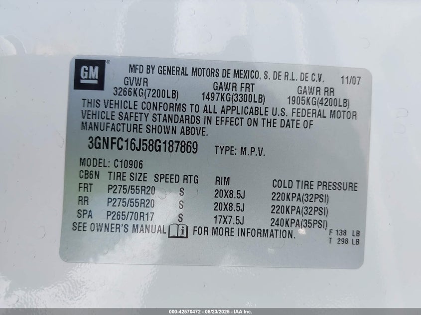 2008 CHEVROLET SUBURBAN 1500 VIN: 3GNFC16J58G187869