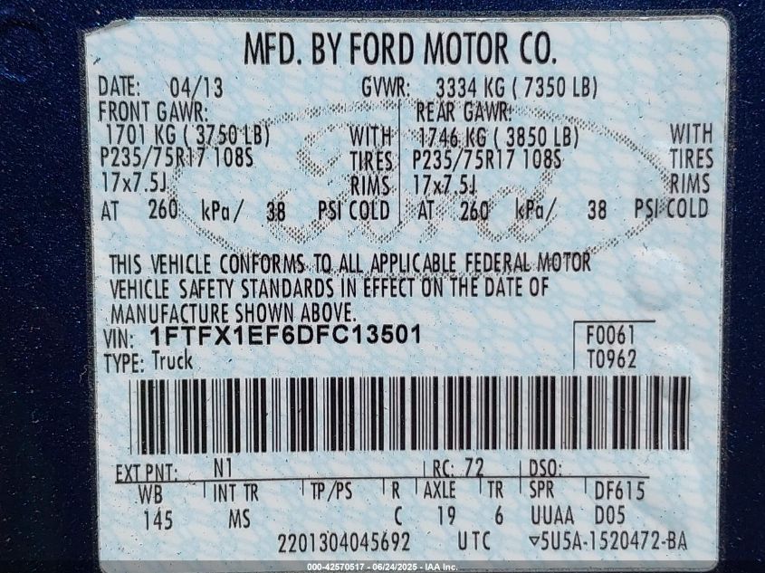 2013 Ford F-150 Xlt VIN: 1FTFX1EF6DFC13501 Lot: 42570517