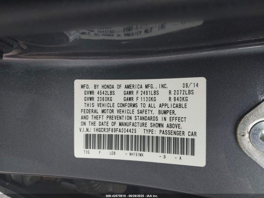 2015 HONDA ACCORD VIN: 1HGCR3F89FA004425