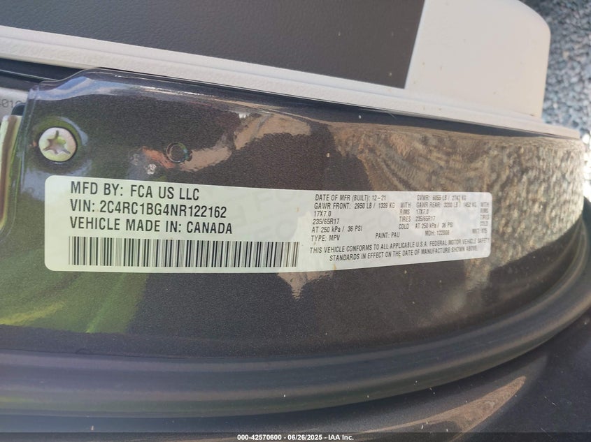 2C4RC1BG4NR122162 2022 Chrysler Pacifica 3.6 Touring L Grey