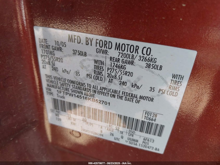 2006 FORD F-150 VIN: 1FTPW14516KB52701