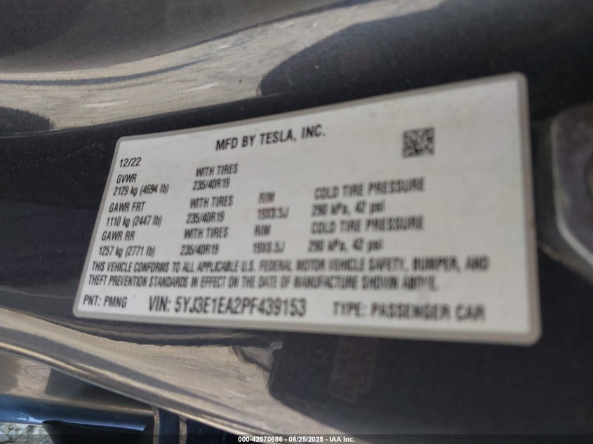 2023 Tesla Model 3 Rear-Wheel Drive VIN: 5YJ3E1EA2PF439153 Lot: 42570686
