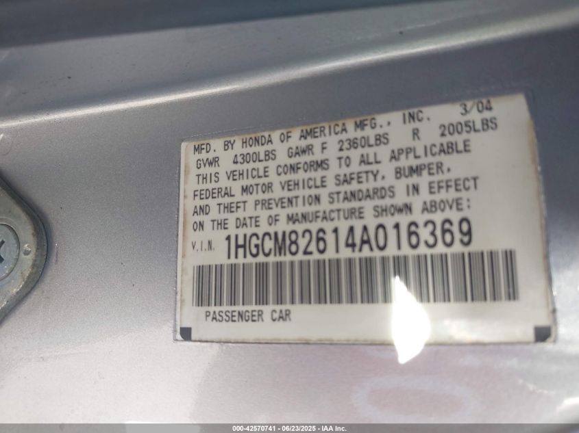 2004 Honda Accord 3.0 Ex VIN: 1HGCM82614A016369 Lot: 42570741