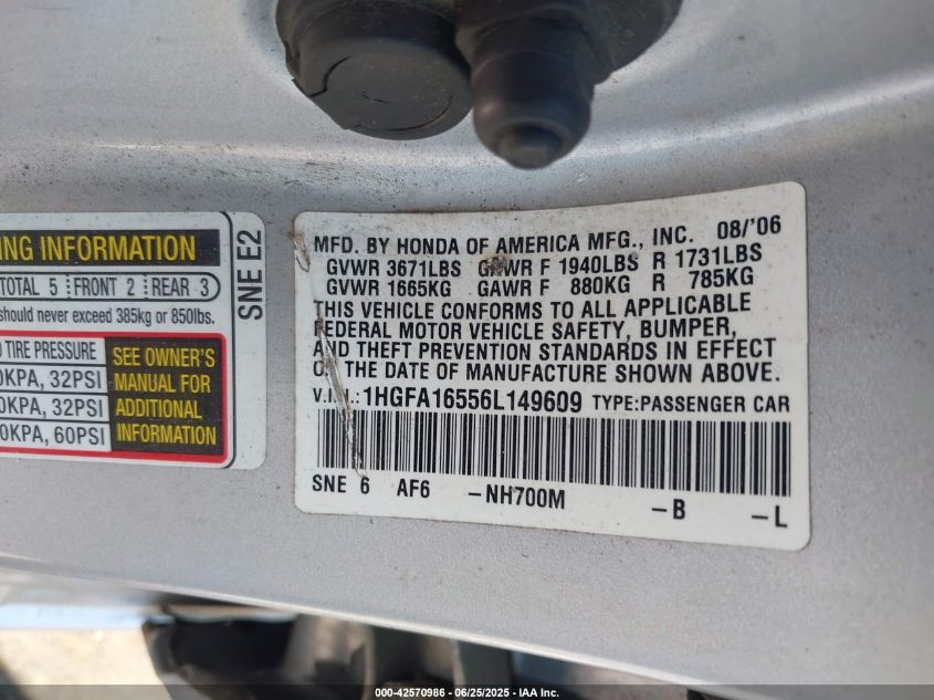 2006 Honda Civic Lx VIN: 1HGFA16556L149609 Lot: 42570986