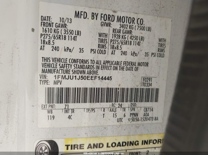 2014 FORD EXPEDITION VIN: 1FMJU1J50EEF14445