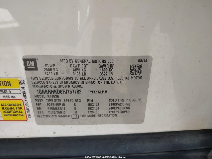 2015 Chevrolet Traverse Lt VIN: 1GNKRHKD6FJ154778 Lot: 42571165