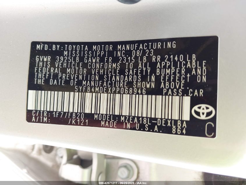 2023 Toyota Corolla Le VIN: 5YFB4MDEXPP068946 Lot: 42571211