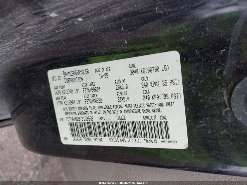 2007 Dodge Ram 1500 Laramie VIN: 1D7HA18207S139559 Lot: 42571257