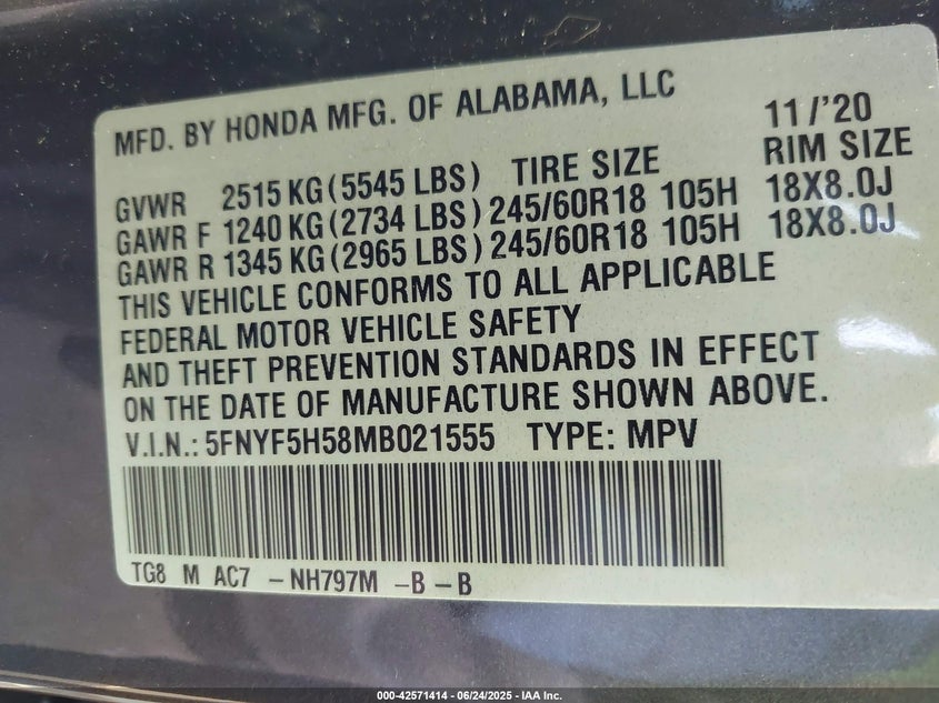 2021 HONDA PILOT VIN: 5FNYF5H58MB021555