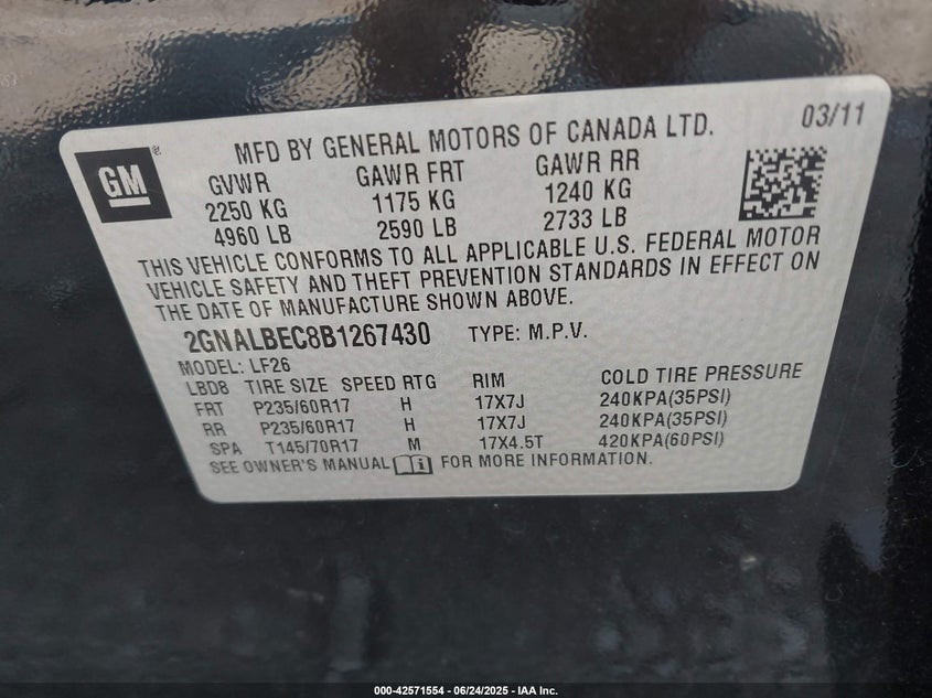 2011 CHEVROLET EQUINOX VIN: 2GNALBEC8B1267430