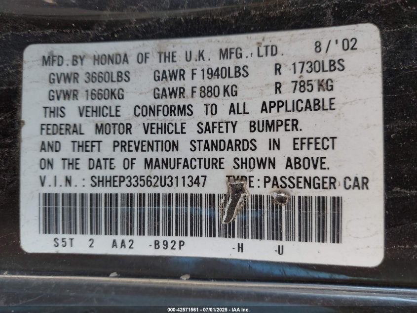 2002 Honda Civic Si VIN: SHHEP33562U311347 Lot: 42571561
