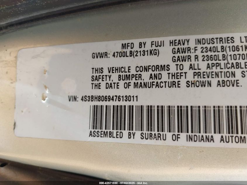 2004 Subaru Outback H6-3.0 L.l. Bean Edition VIN: 4S3BH806947613011 Lot: 42571598