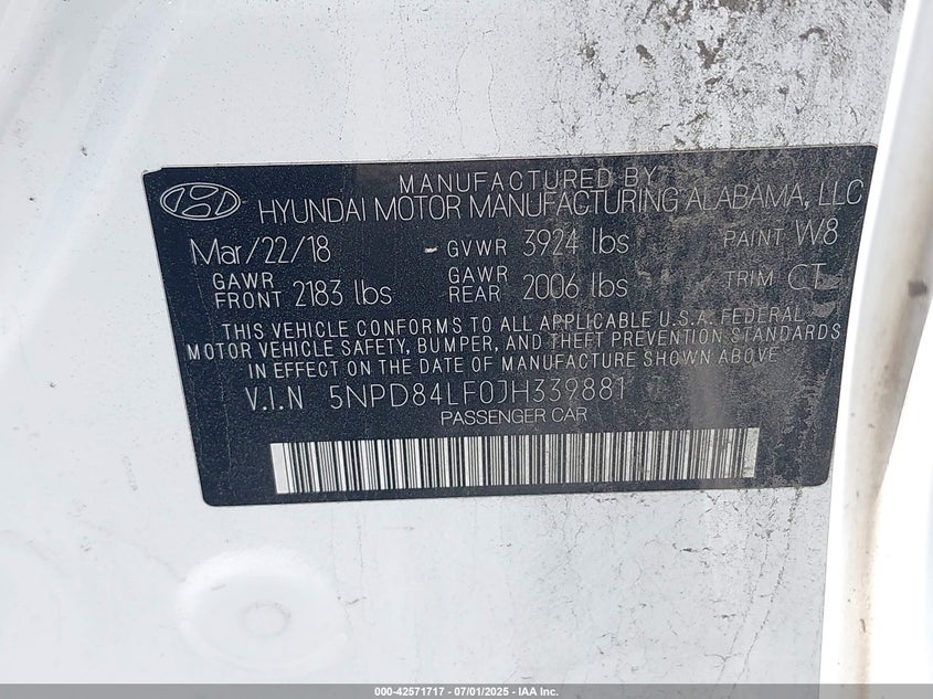 VIN 5NPD84LF0JH339881 2018 HYUNDAI ELANTRA SEL