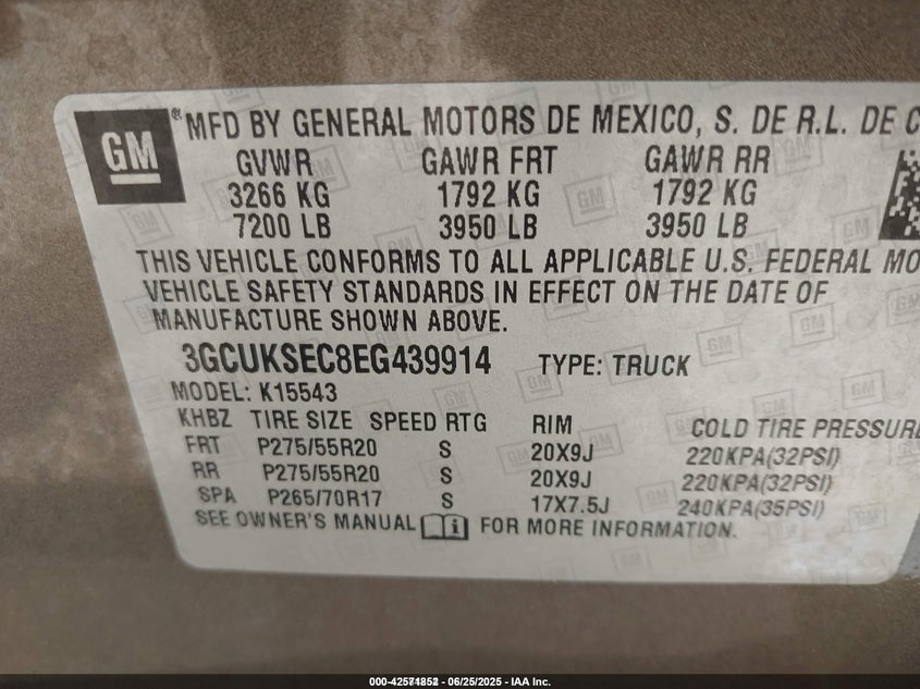 2014 Chevrolet Silverado 1500 1Lz VIN: 3GCUKSEC8EG439914 Lot: 42571852