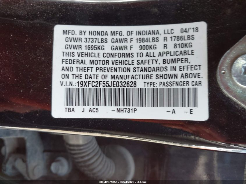 2018 Honda Civic Lx VIN: 19XFC2F55JE032628 Lot: 42571853