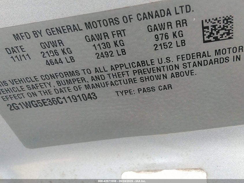2012 CHEVROLET IMPALA VIN: 2G1WG5E36C1191043