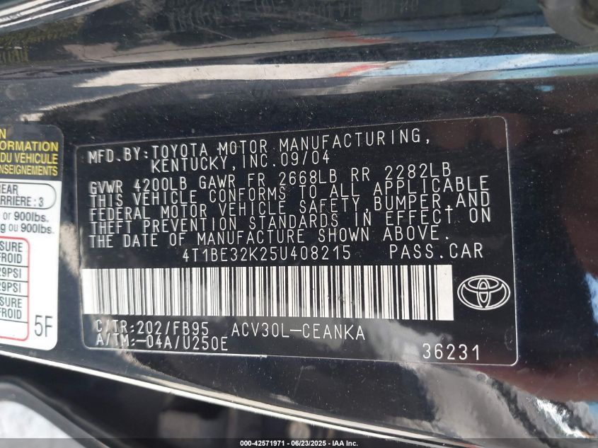 2005 Toyota Camry Le VIN: 4T1BE32K25U408215 Lot: 42571971