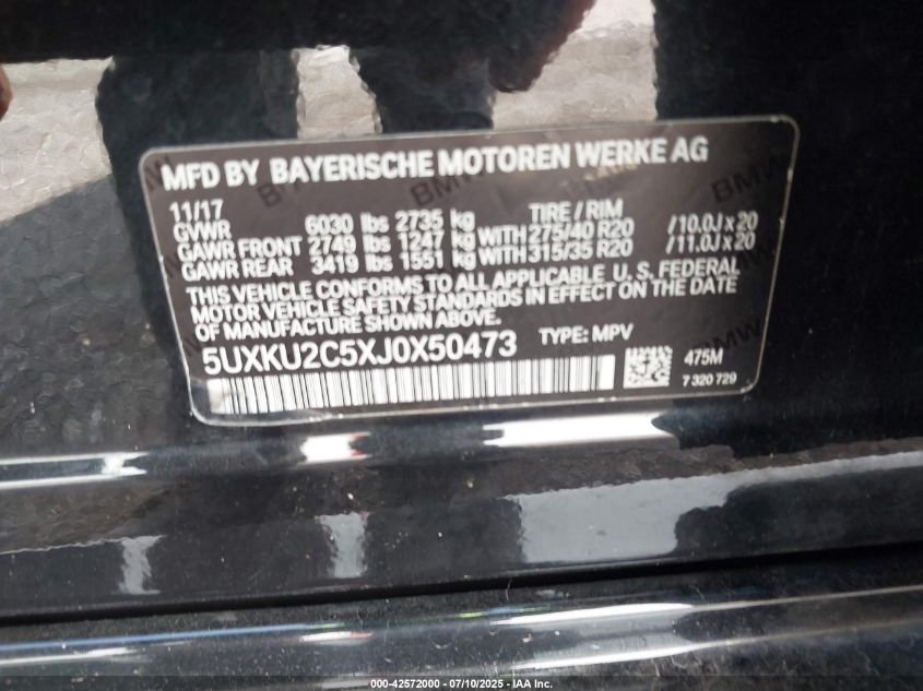 2018 BMW X6 xDrive35I VIN: 5UXKU2C5XJ0X50473 Lot: 42572000