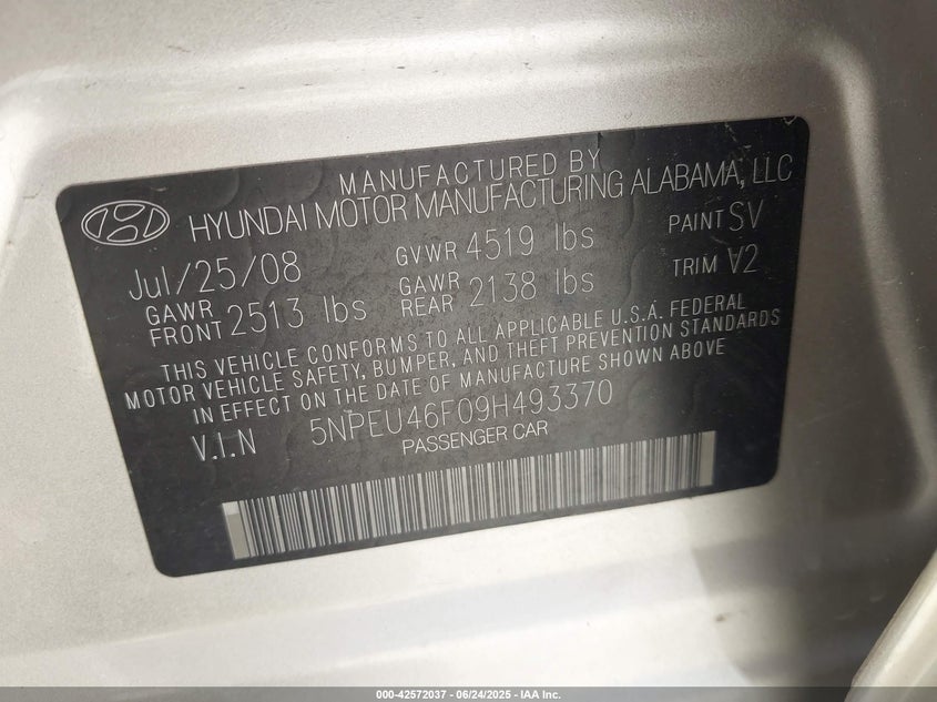 2009 HYUNDAI SONATA VIN: 5NPEU46F09H493370