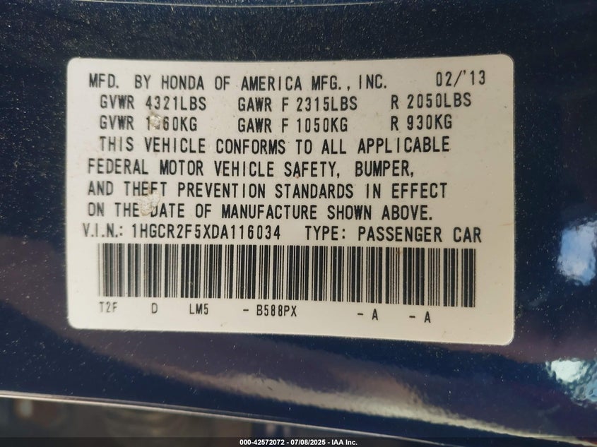 2013 HONDA ACCORD VIN: 1HGCR2F5XDA116034