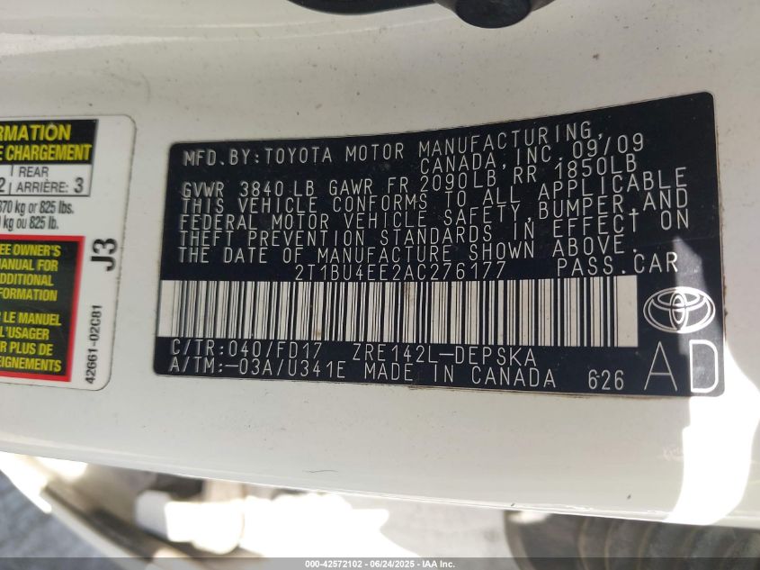 2010 Toyota Corolla S VIN: 2T1BU4EE2AC276177 Lot: 42572102