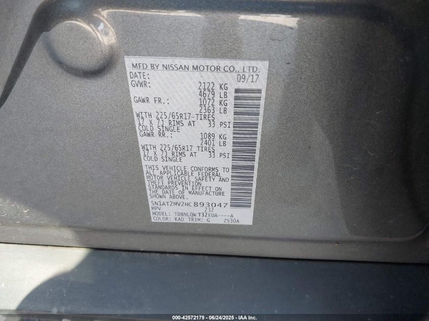 2017 Nissan Rogue Sv VIN: 5N1AT2MV2HC893047 Lot: 42572179