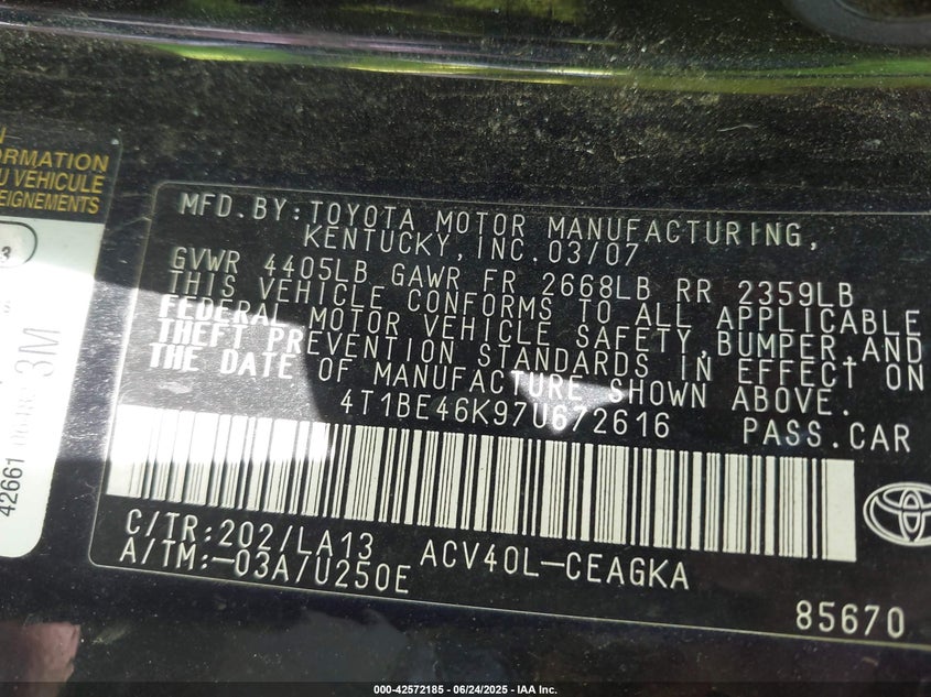 2007 TOYOTA CAMRY VIN: 4T1BE46K97U672616