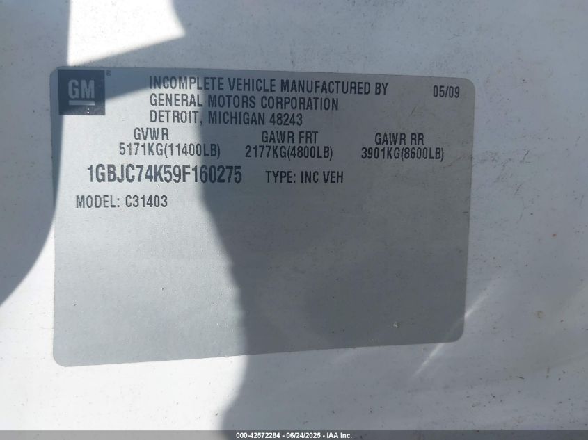 2009 Chevrolet Silverado 3500Hd Chassis Work Truck VIN: 1GBJC74K59F160275 Lot: 42572284